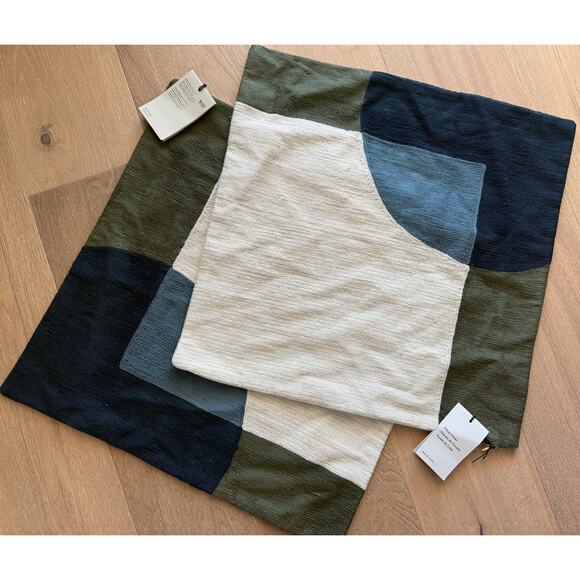 New West Elm Set 2 Crewel Overlapping Shapes Pillow Covers 20" Dark Olive - Picture 1 of 3
